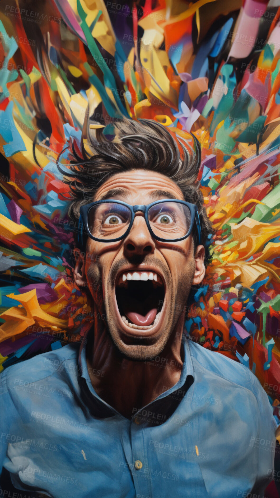 Buy stock photo Excited man, shouts, surrounded by colorful burst. Energetic, lively and joyful individual expressing happiness, with vibrant colors symbolizing enthusiasm and vivid energy.