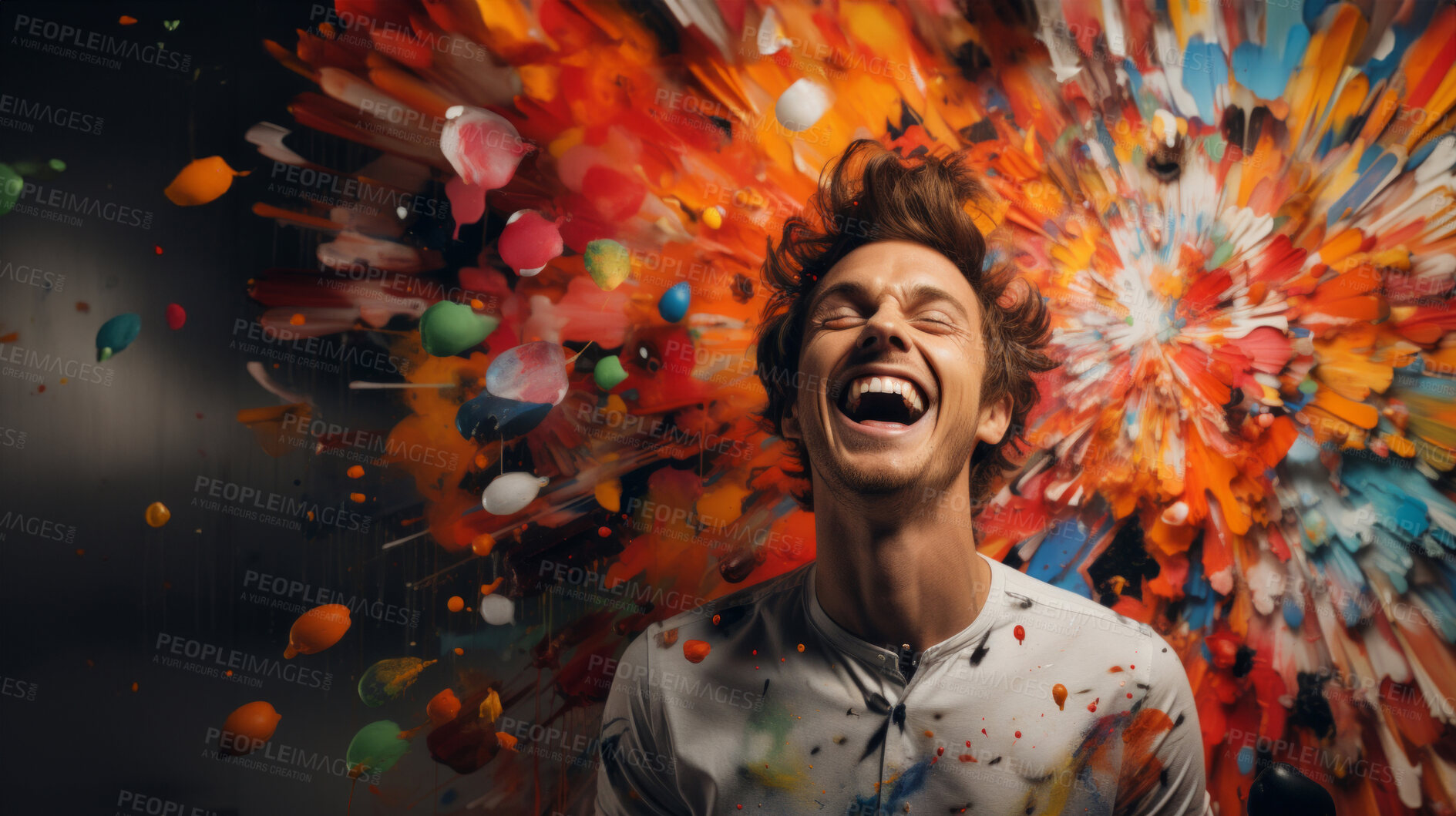 Buy stock photo Excited man, shouts, surrounded by colorful burst. Energetic, lively and joyful individual expressing happiness, with vibrant colors symbolizing enthusiasm and vivid energy.