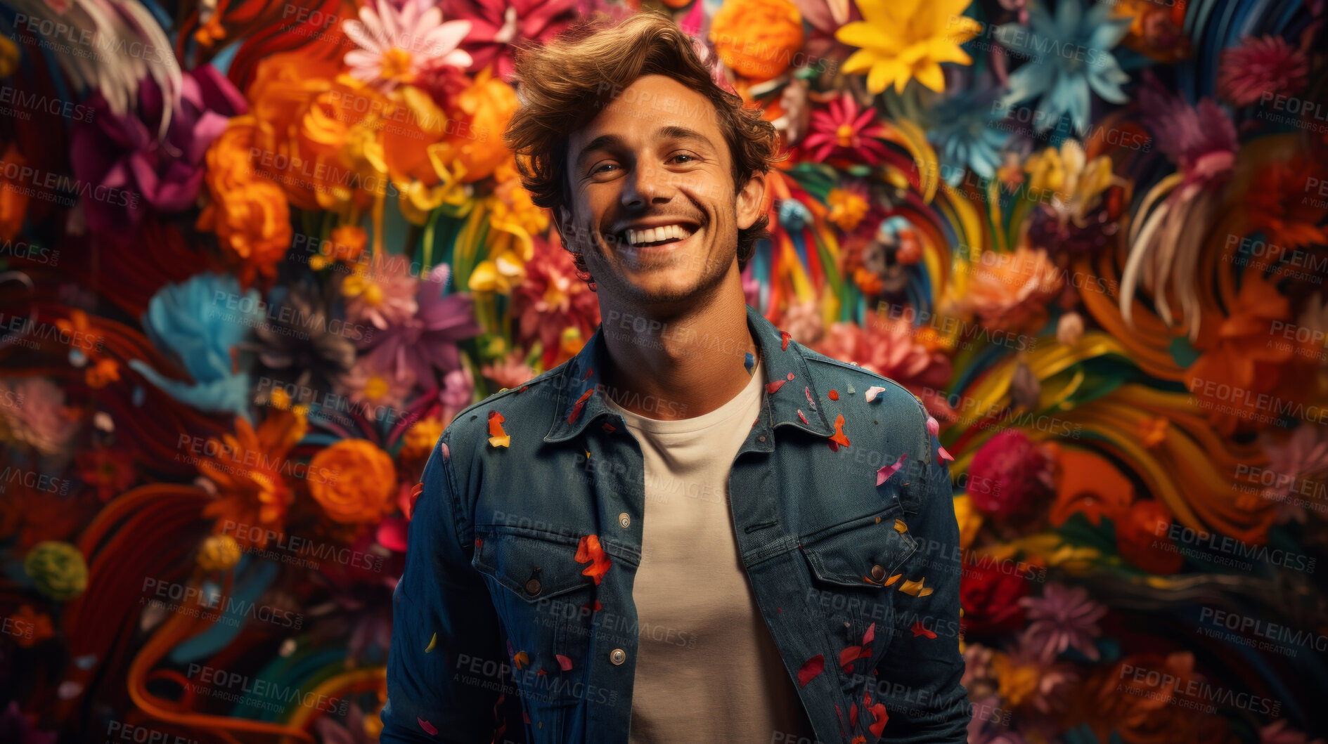 Buy stock photo Excited man, shouts, surrounded by colorful burst. Energetic, lively and joyful individual expressing happiness, with vibrant colors symbolizing enthusiasm and vivid energy.