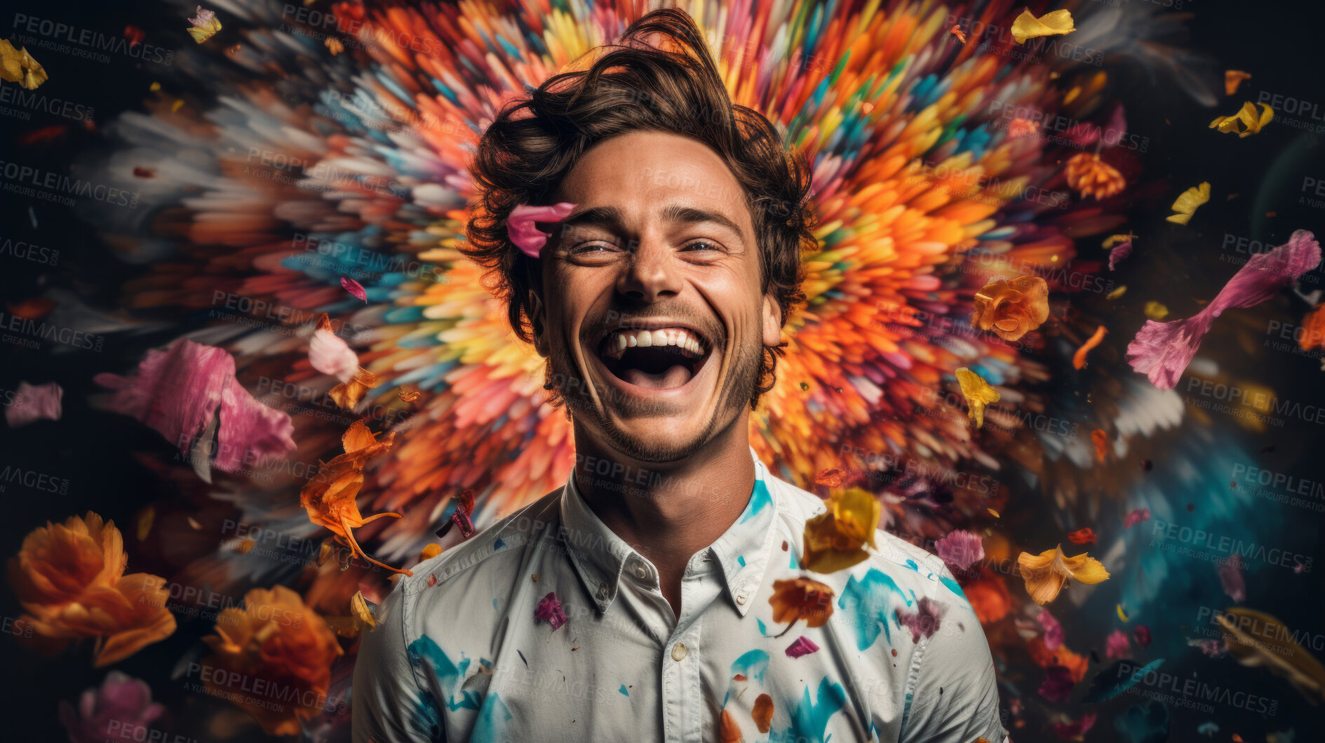 Buy stock photo Excited man, shouts, surrounded by colorful burst. Energetic, lively and joyful individual expressing happiness, with vibrant colors symbolizing enthusiasm and vivid energy.