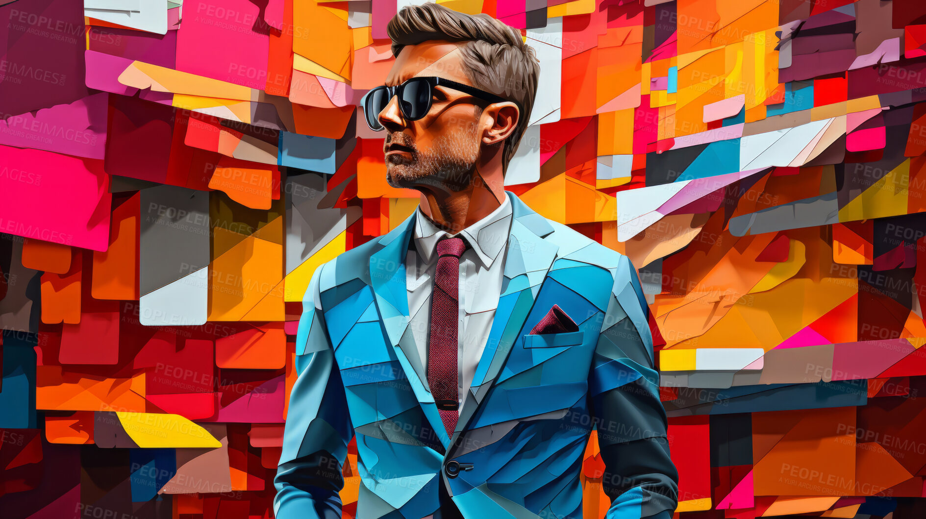 Buy stock photo Man in suit, sunglasses, surrounded by colorful background shapes and confetti. Dapper, confident and festive individual exuding style, vibrancy and celebration in a dynamic visual display.