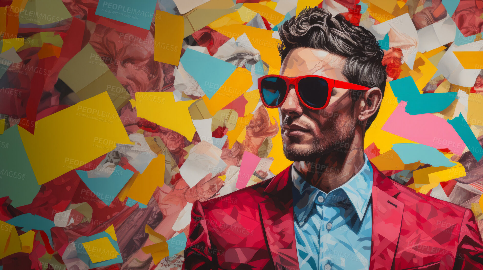 Buy stock photo Man in suit, sunglasses, surrounded by colorful background shapes and confetti. Dapper, confident and festive individual exuding style, vibrancy and celebration in a dynamic visual display.