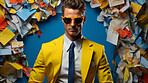 Man in suit, sunglasses, surrounded by colorful background shapes and confetti. Dapper, confident and festive individual exuding style, vibrancy and celebration in a dynamic visual display.