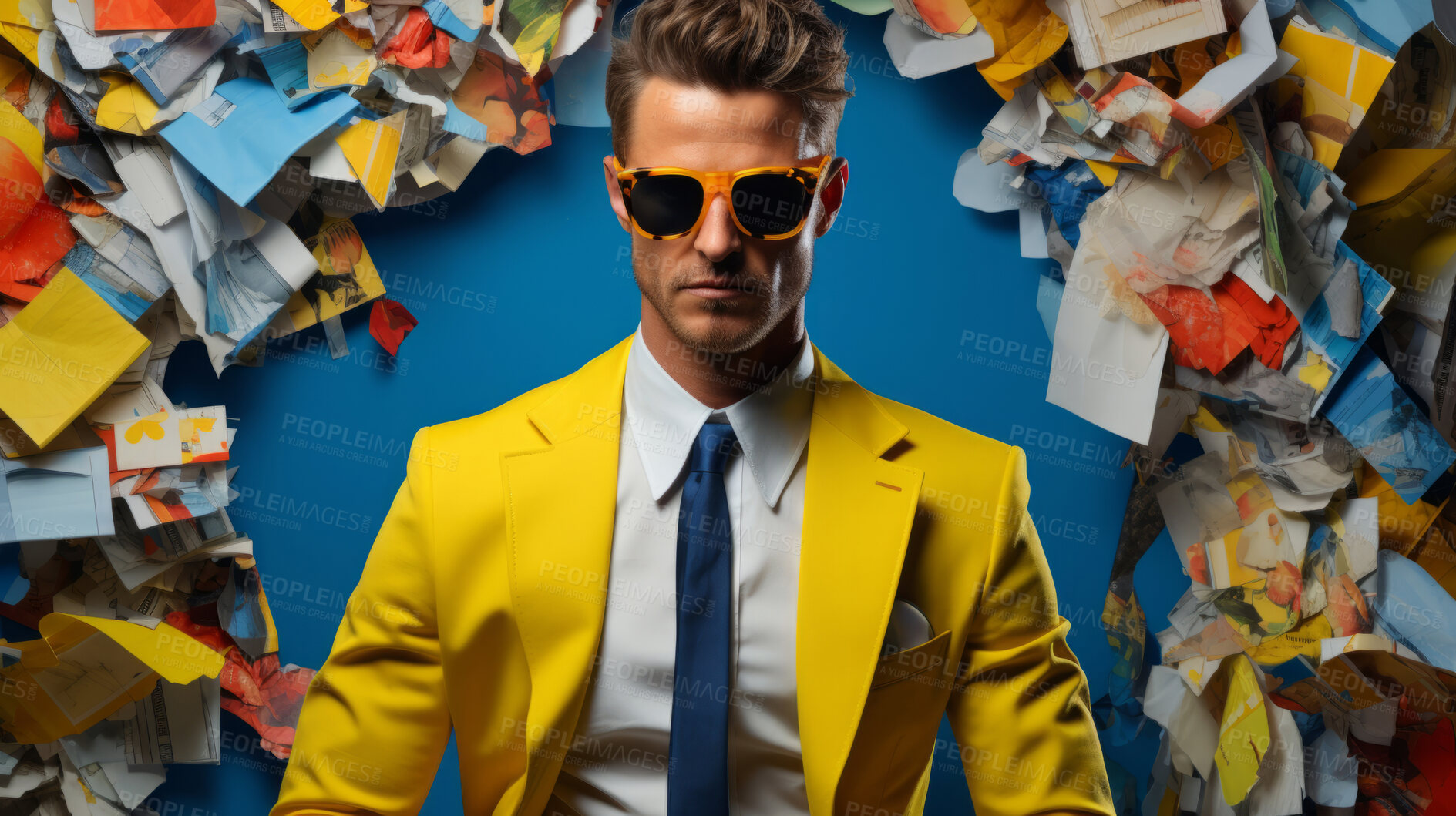 Buy stock photo Man in suit, sunglasses, surrounded by colorful background shapes and confetti. Dapper, confident and festive individual exuding style, vibrancy and celebration in a dynamic visual display.