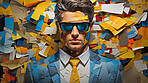 Man in suit, sunglasses, surrounded by colorful background shapes and confetti. Dapper, confident and festive individual exuding style, vibrancy and celebration in a dynamic visual display.