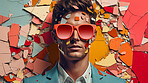 Man in suit, sunglasses, surrounded by colorful background shapes and confetti. Dapper, confident and festive individual exuding style, vibrancy and celebration in a dynamic visual display.