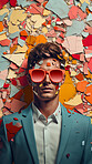 Man in suit, sunglasses, surrounded by colorful background shapes and confetti. Dapper, confident and festive individual exuding style, vibrancy and celebration in a dynamic visual display.