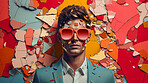 Man in suit, sunglasses, surrounded by colorful background shapes and confetti. Dapper, confident and festive individual exuding style, vibrancy and celebration in a dynamic visual display.