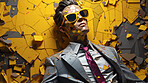 Man in suit, sunglasses, surrounded by colorful background shapes and confetti. Dapper, confident and festive individual exuding style, vibrancy and celebration in a dynamic visual display.