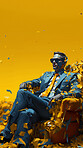 Man in suit, sunglasses, surrounded by colorful background shapes and confetti. Dapper, confident and festive individual exuding style, vibrancy and celebration in a dynamic visual display.