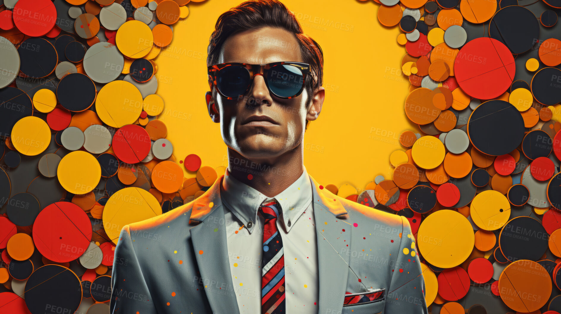 Buy stock photo Man in suit, sunglasses, surrounded by colorful background shapes and confetti. Dapper, confident and festive individual exuding style, vibrancy and celebration in a dynamic visual display.