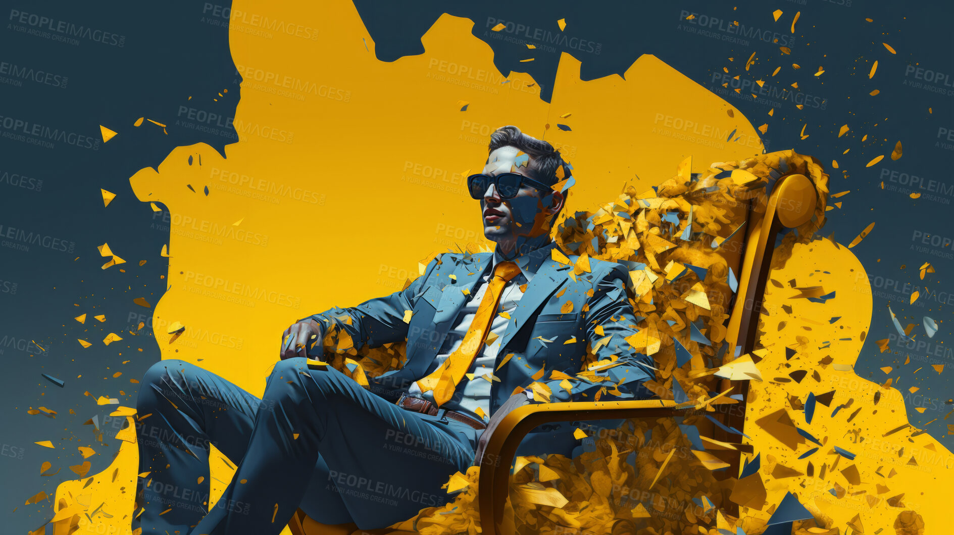 Buy stock photo Man in suit, sunglasses, surrounded by colorful background shapes and confetti. Dapper, confident and festive individual exuding style, vibrancy and celebration in a dynamic visual display.