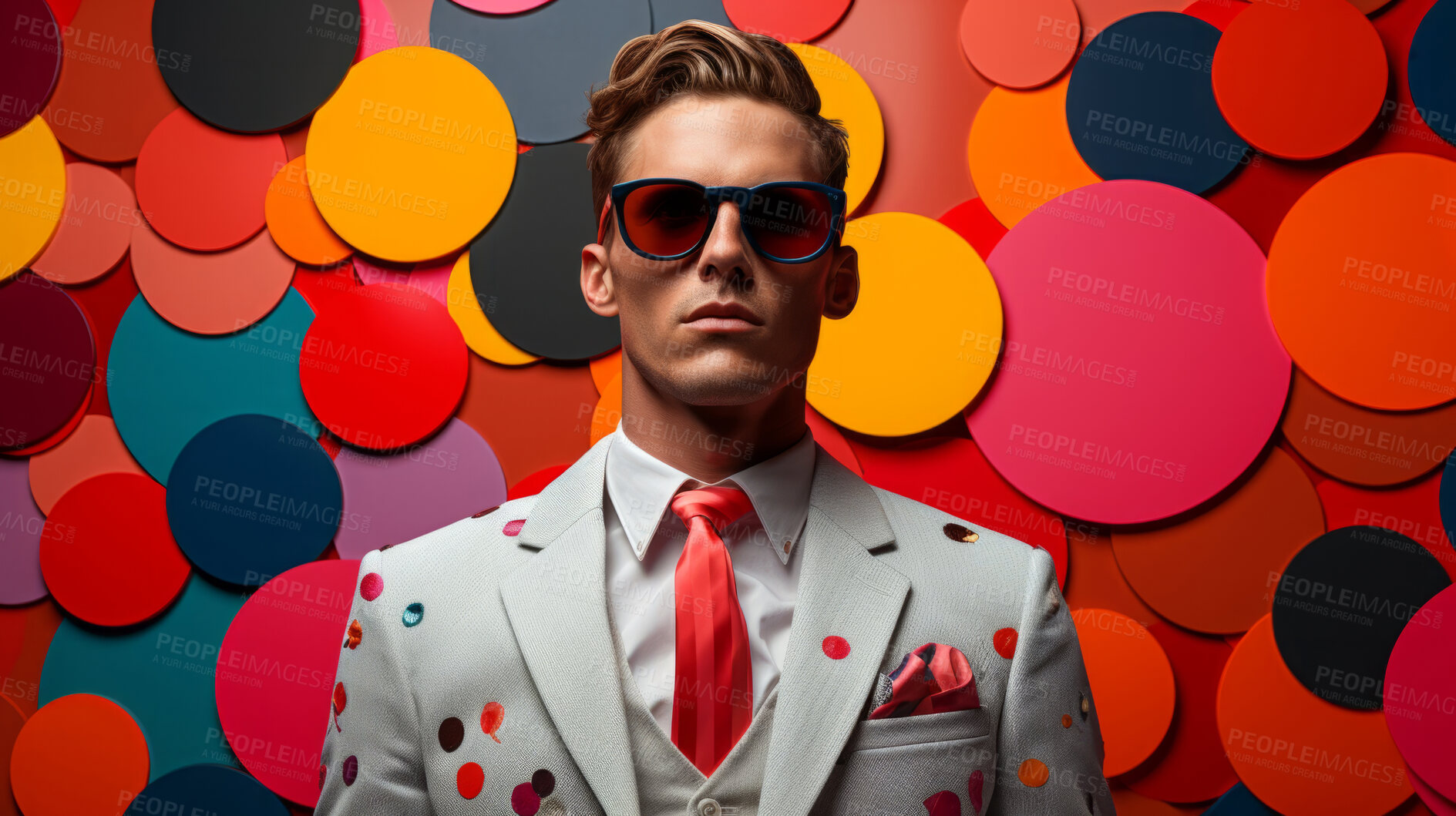 Buy stock photo Man in suit, sunglasses, surrounded by colorful background shapes and confetti. Dapper, confident and festive individual exuding style, vibrancy and celebration in a dynamic visual display.