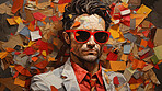 Man in suit, sunglasses, surrounded by colorful background shapes and confetti. Dapper, confident and festive individual exuding style, vibrancy and celebration in a dynamic visual display.