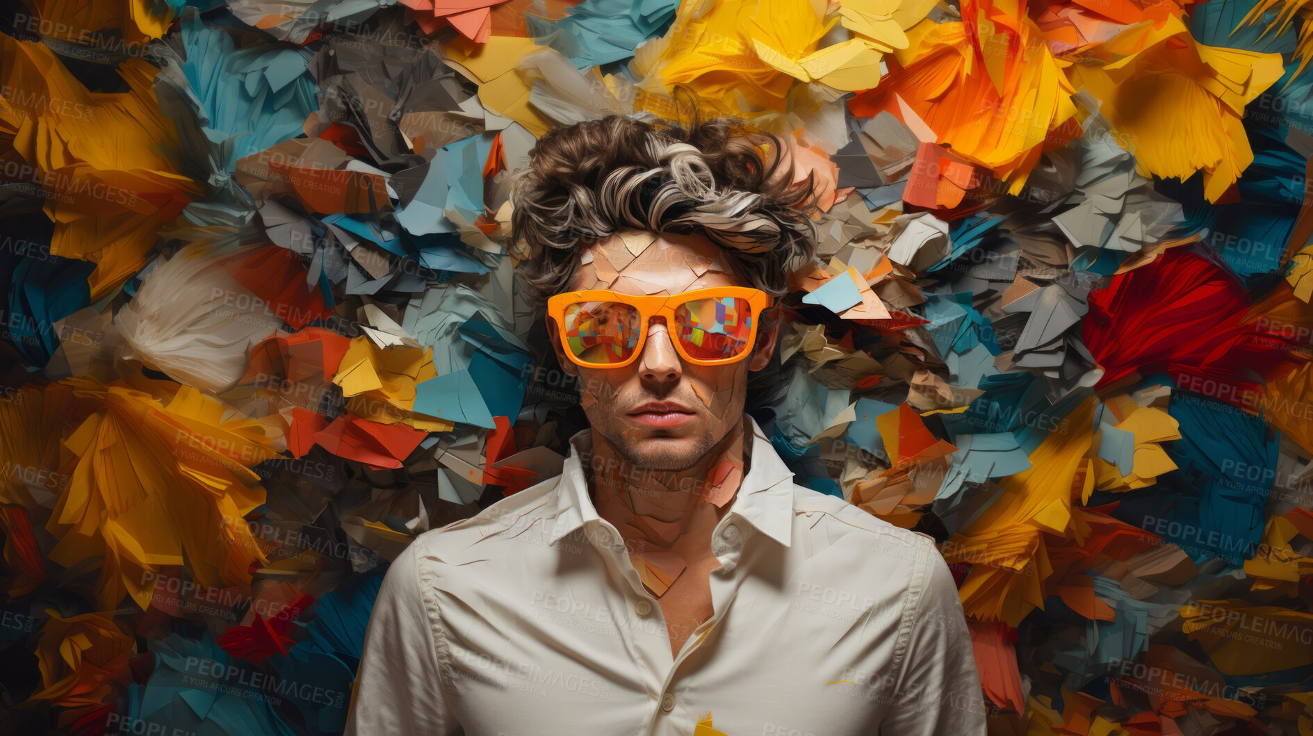 Buy stock photo Man in suit, sunglasses, surrounded by colorful background shapes and confetti. Dapper, confident and festive individual exuding style, vibrancy and celebration in a dynamic visual display.