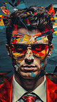 Man in suit, sunglasses, surrounded by colorful background shapes and confetti. Dapper, confident and festive individual exuding style, vibrancy and celebration in a dynamic visual display.