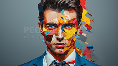 Man in suit, blue eyes, surrounded by colorful background shapes and confetti. Dapper, confident and festive individual exuding style, vibrancy and celebration in a dynamic visual display.