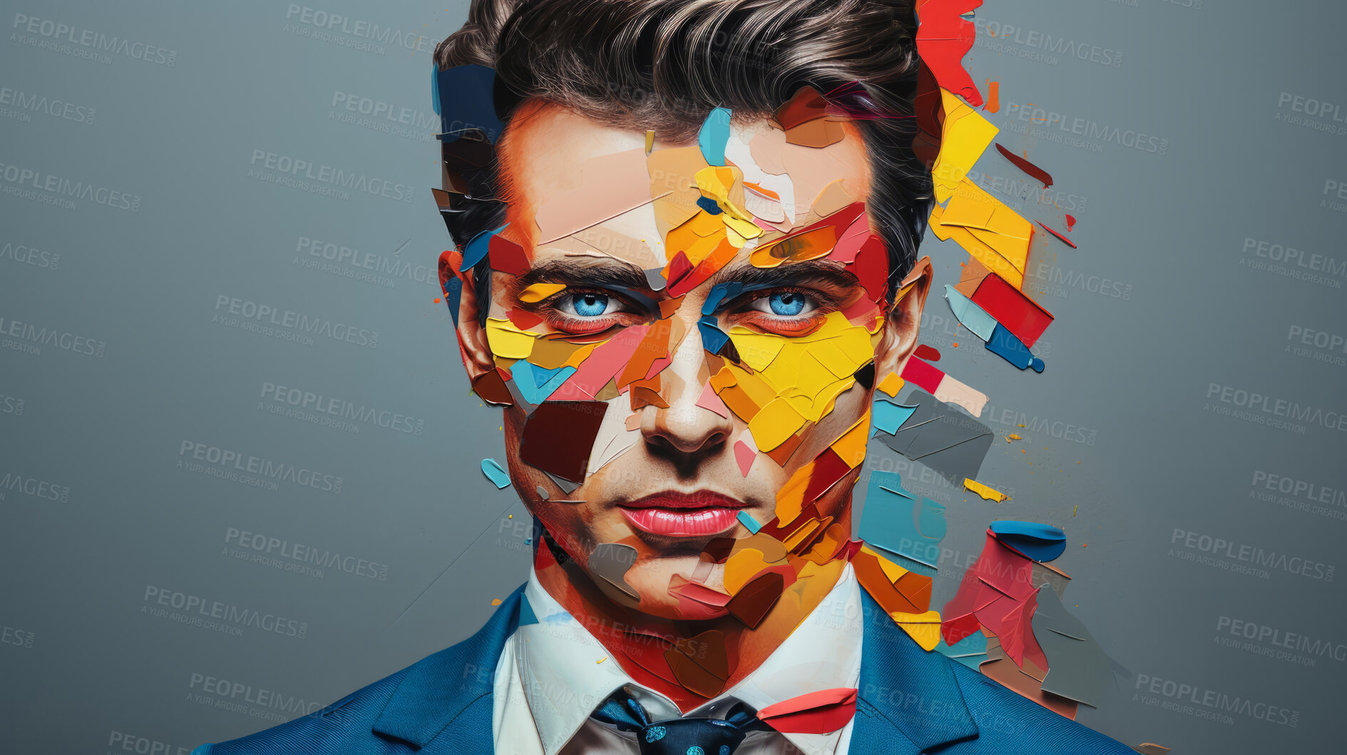 Buy stock photo Man in suit, blue eyes, surrounded by colorful background shapes and confetti. Dapper, confident and festive individual exuding style, vibrancy and celebration in a dynamic visual display.