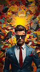 Man in suit, sunglasses, surrounded by colorful background shapes and confetti. Dapper, confident and festive individual exuding style, vibrancy and celebration in a dynamic visual display.