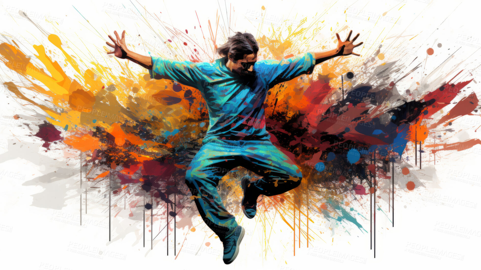 Buy stock photo Dancer, illustration and vivid colors. Energetic, expressive and lively portrayal of a dancer, radiating vibrance and vitality through a spectrum of vivid colors. A mesmerising visual celebration.