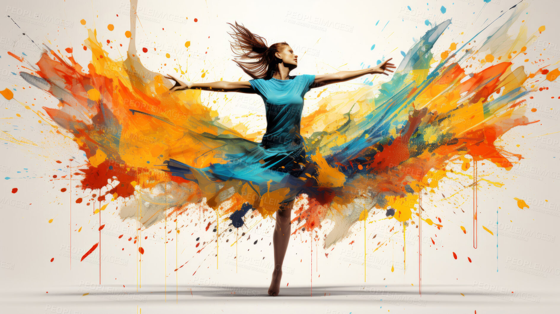 Buy stock photo Dancer, illustration and vivid colors. Energetic, expressive and lively portrayal of a dancer, radiating vibrance and vitality through a spectrum of vivid colors. A mesmerising visual celebration.