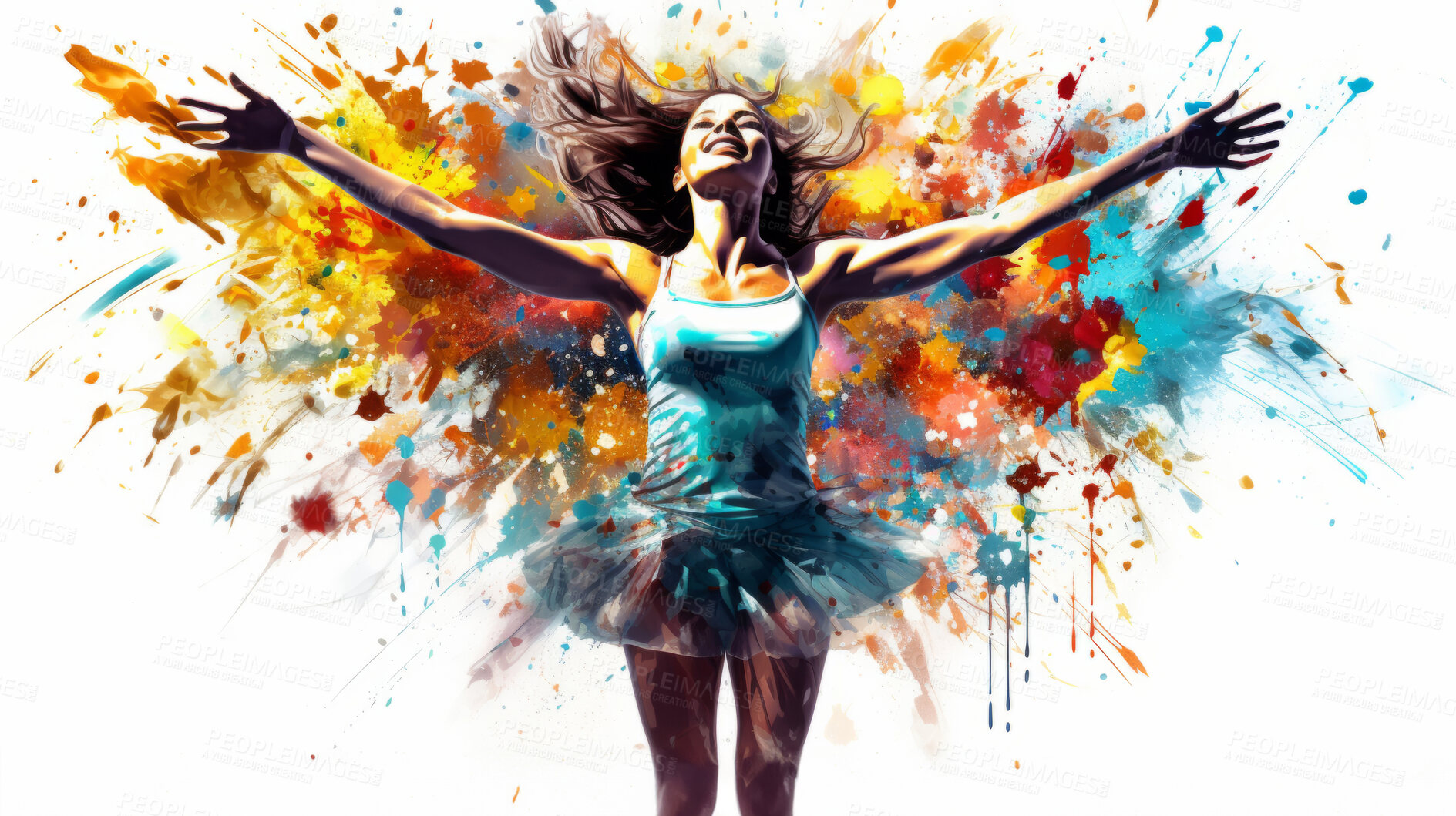 Buy stock photo Dancer, illustration and vivid colors. Energetic, expressive and lively portrayal of a dancer, radiating vibrance and vitality through a spectrum of vivid colors. A mesmerising visual celebration.