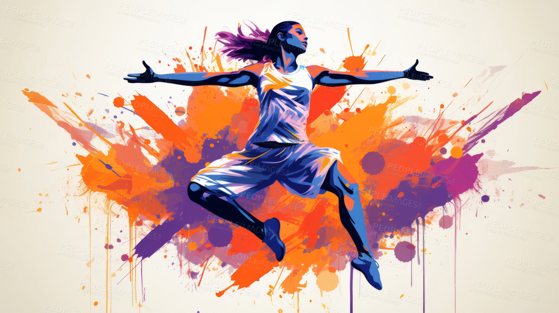 Buy stock photo Dancer, illustration and vivid colors. Energetic, expressive and lively portrayal of a dancer, radiating vibrance and vitality through a spectrum of vivid colors. A mesmerising visual celebration.