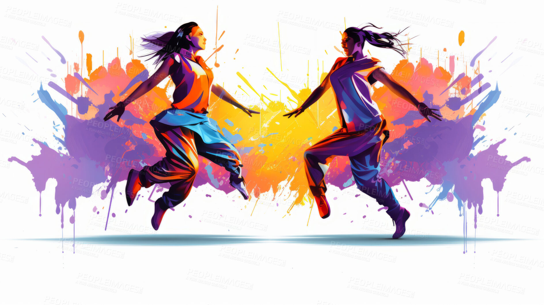 Buy stock photo Dancer, illustration and vivid colors. Energetic, expressive and lively portrayal of a dancer, radiating vibrance and vitality through a spectrum of vivid colors. A mesmerising visual celebration.