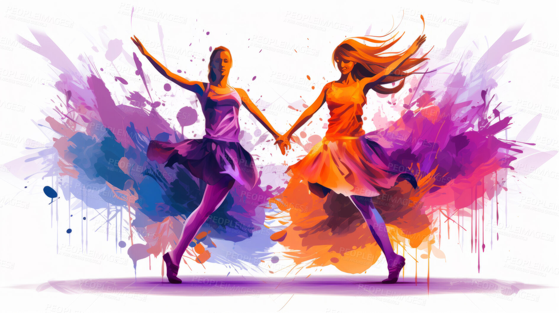 Buy stock photo Dancer, illustration and vivid colors. Energetic, expressive and lively portrayal of a dancer, radiating vibrance and vitality through a spectrum of vivid colors. A mesmerising visual celebration.