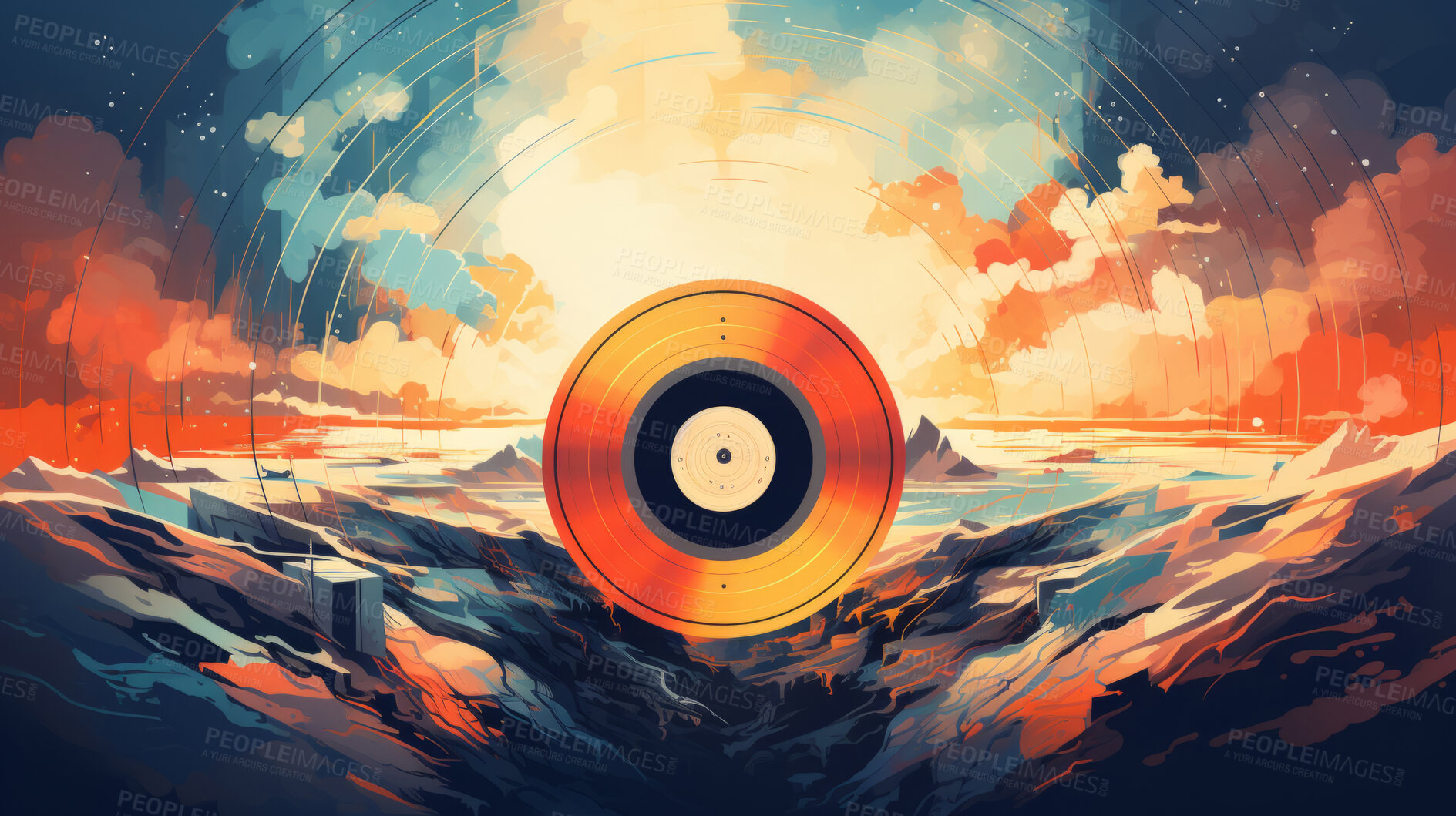 Buy stock photo Vinyl record, abstract art and vibrant colors in musical expression. Creative, modern and visually striking representation of a classic medium, transformed into a unique artistic masterpiece. A fusion of nostalgia and contemporary creativity