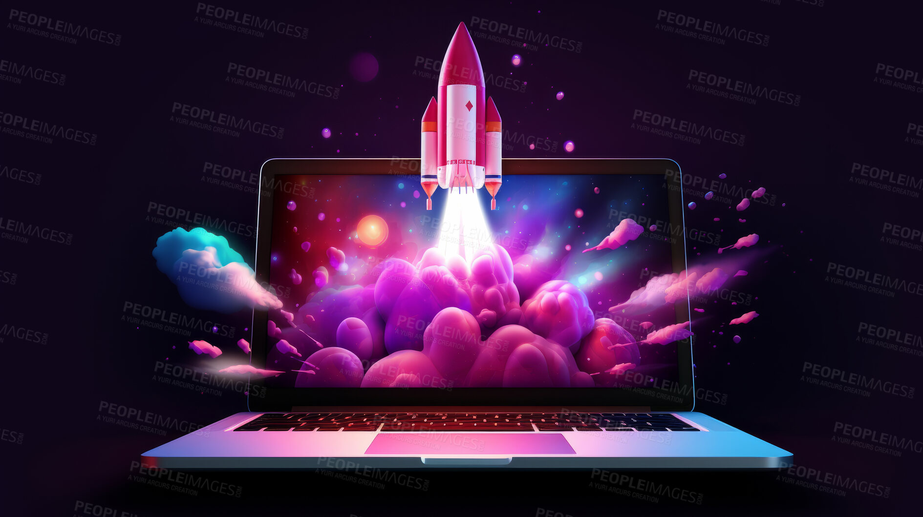 Buy stock photo Spaceship, laptop and startup progress on space mission in research, exploration or discovery. Science, innovation or technology in business, finance development and success