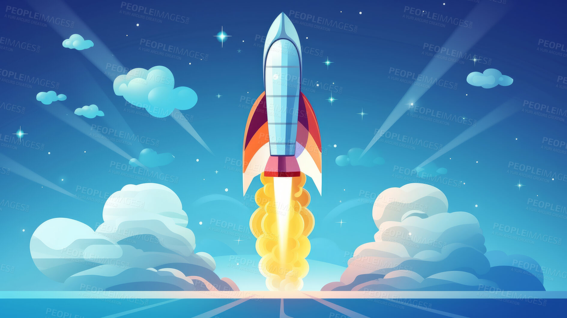 Buy stock photo Spaceship launch, adventure and travel on space mission in research, exploration or discovery. Science, innovation or technology in business startup, finance development and success.