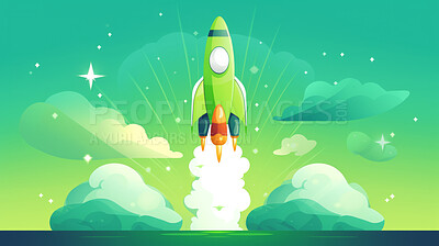 Spaceship launch, adventure and sustainable travel on space mission in research, exploration or discovery. Science, innovation or technology in business startup, finance development and success.