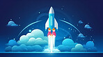 Spaceship launch, adventure and travel on space mission in research, exploration or discovery. Science, innovation or technology in business startup, finance development and success.