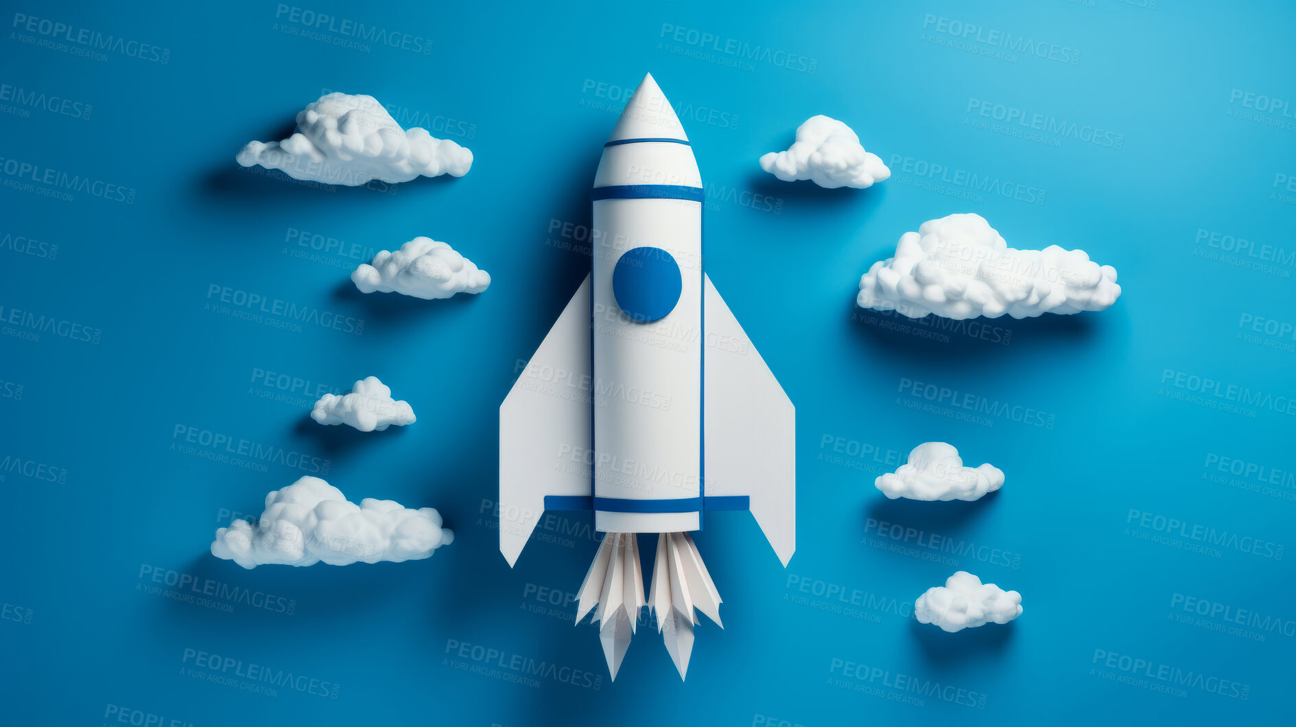 Buy stock photo Spaceship launch, adventure and travel on space mission in research, exploration or discovery. Science, innovation or technology in business startup, finance development and success.