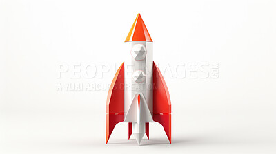 Buy stock photo Spaceship, adventure and travel on space mission in research, exploration or discovery. Science, innovation or technology for rocket in business startup, finance development and success.