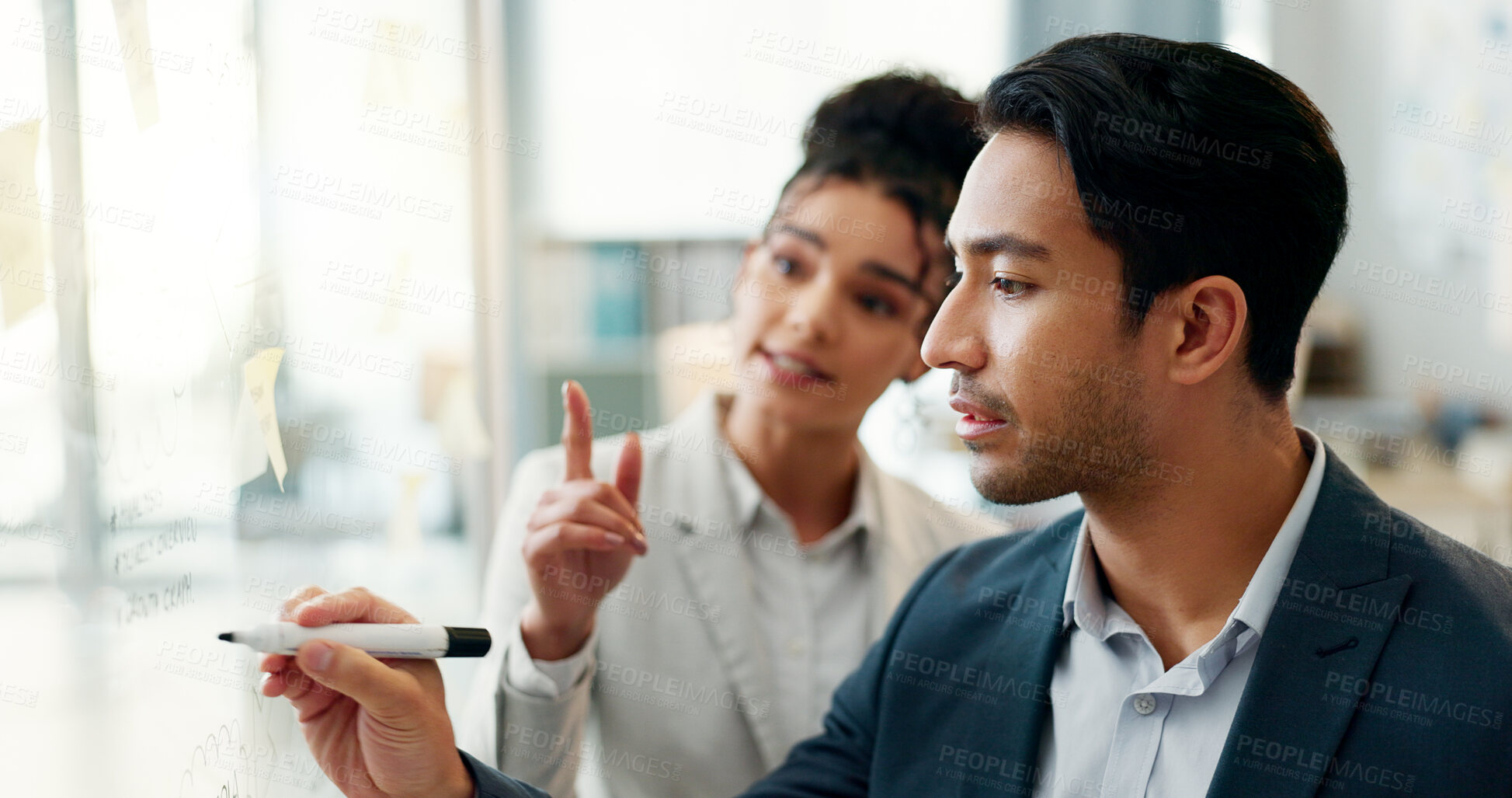 Buy stock photo Idea, process and business people writing on glass mindmap in office for brainstorming, agenda or schedule. Creative agency, man and woman in design team, problem solving together and moodboard plan.