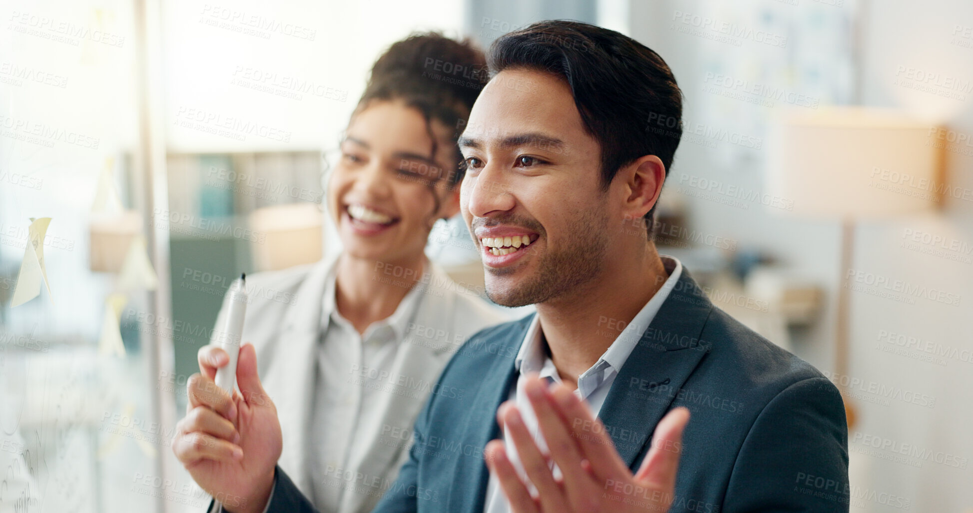 Buy stock photo Ideas, success and business people writing on glass mindmap in office for brainstorming, agenda or schedule. Creative, happy man and woman in design team, problem solving together and moodboard plan.