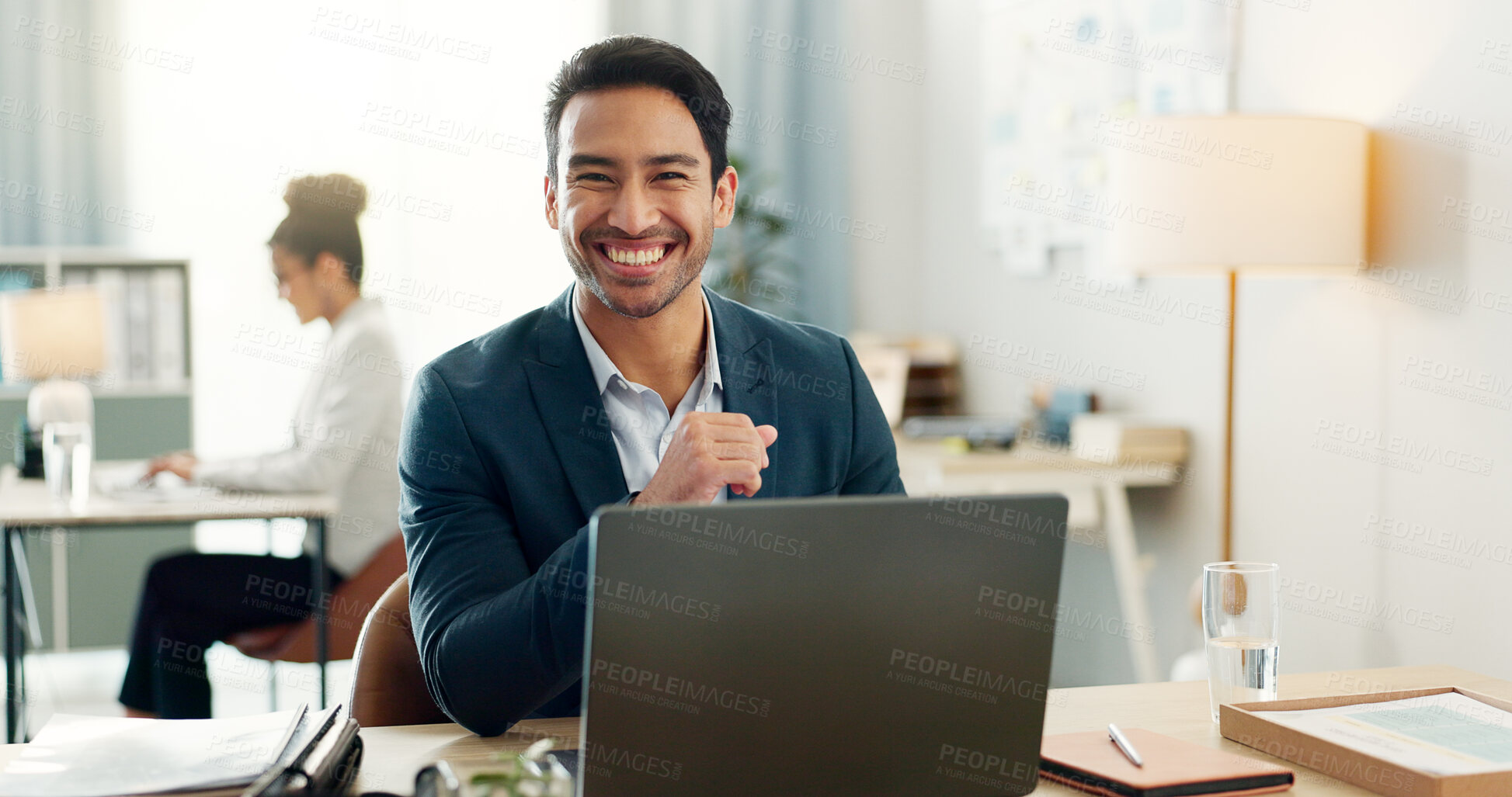 Buy stock photo Portrait of happy man in office with laptop, smile and technology in at digital agency. Administration, business people and businessman at computer with review, feedback or report in online job