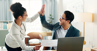 Collaboration, business people and high five for success and teamwork motivation for project. Computer, talking and lawyer staff with case discussion and attorney work with report in office together