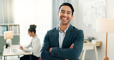 Portrait of man with smile, confidence and coworking space, manager for online research and consulting agency. Office, happiness and businessman with arms crossed, leadership and entrepreneur at work