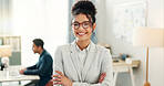 Portrait of woman with smile, arms crossed and coworking space for research, admin and consultant at agency. Office, networking business and face of happy girl with confidence, leadership at startup.