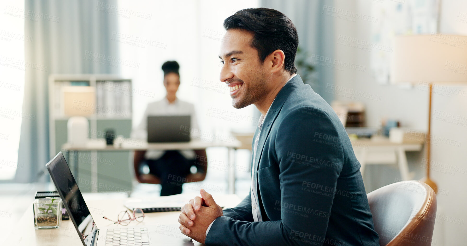 Buy stock photo Happy man in office with laptop, smile and consultant at agency with internet, confidence or support. Web, business people and businessman at computer for review, feedback or report at workplace