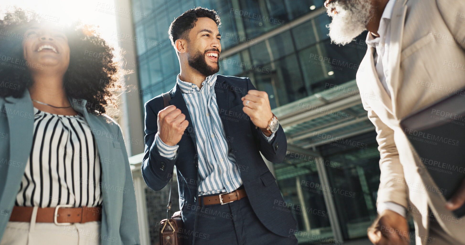 Buy stock photo Business people, hands stack celebration and excited in city for goals, support and profit on investment. Men, woman and cheers together for winning, success and achievement with team in Cape Town