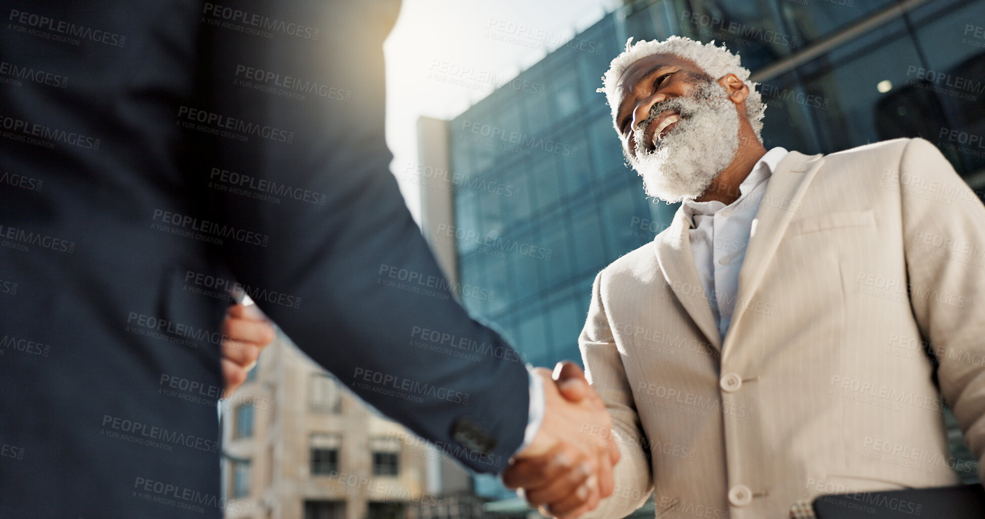 Buy stock photo Outdoor, business people and men with handshake, greeting and contract with lens flare, corporate and smile. Staff, employees in a city and coworkers with hello, partnership and about us with friends