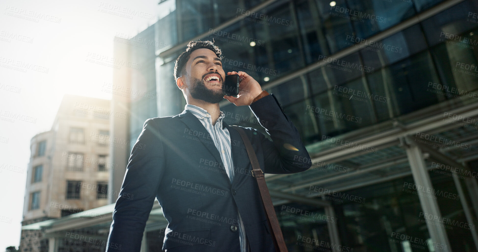 Buy stock photo Outdoor, walking and business with man, phone call and connection with conversation, talking and morning. Urban town, person and employee with a smartphone, city and communication with network or app