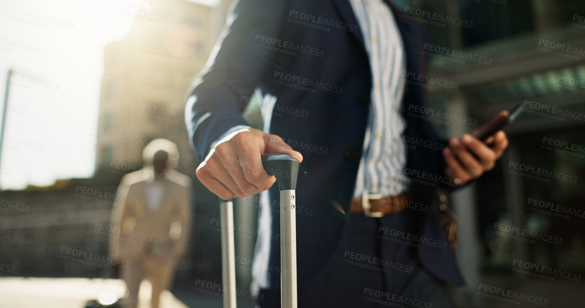 Buy stock photo Business man, phone and suitcase in street, hands and search for location, travel and transport to airport Corporate employee, smartphone and walk with baggage, luggage or urban sidewalk in Cape Town