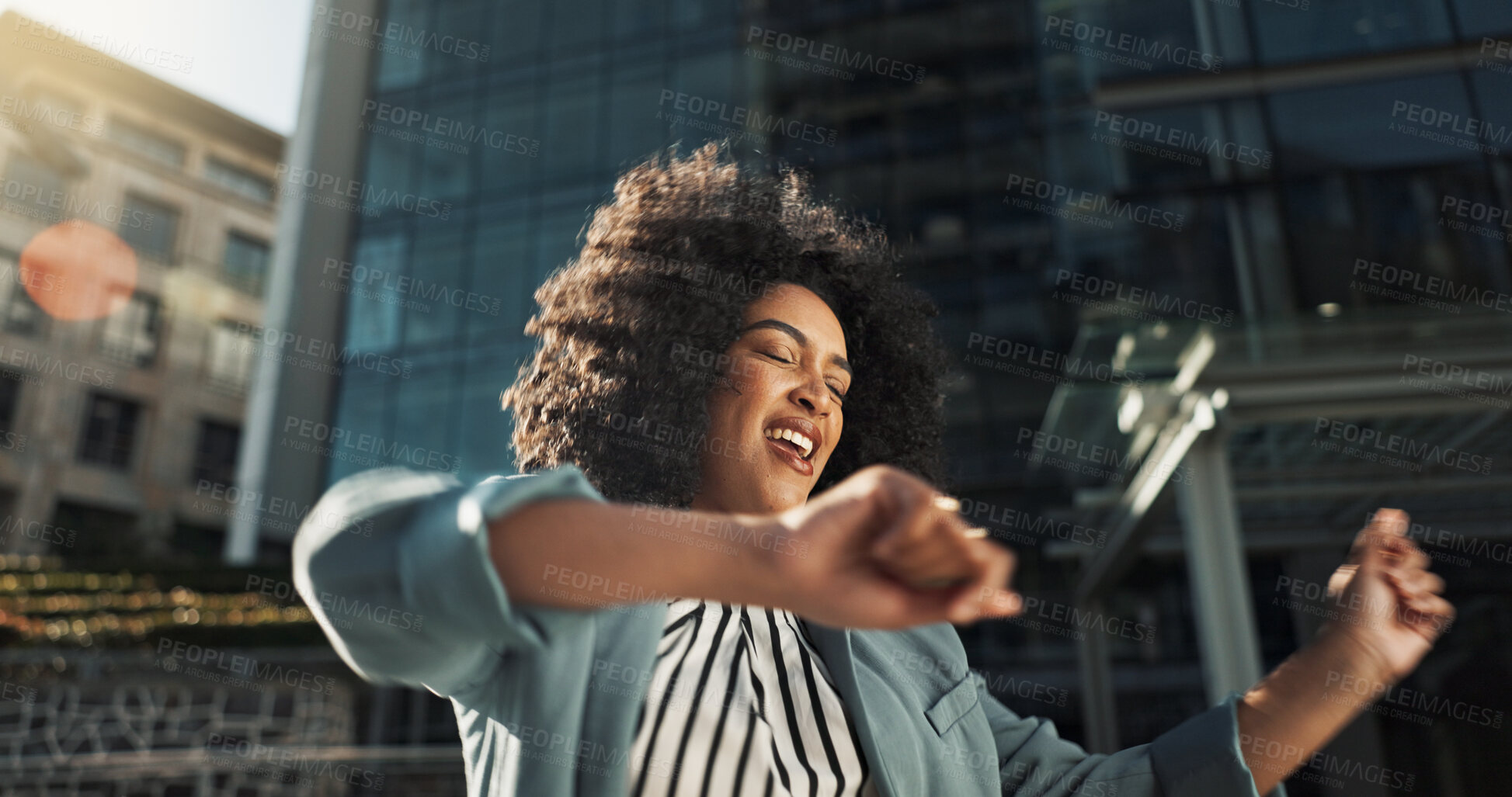 Buy stock photo Happy, dance and business woman in the city with job promotion celebration and positive attitude. Smile, excited and professional young female person moving for good news with career in urban town.