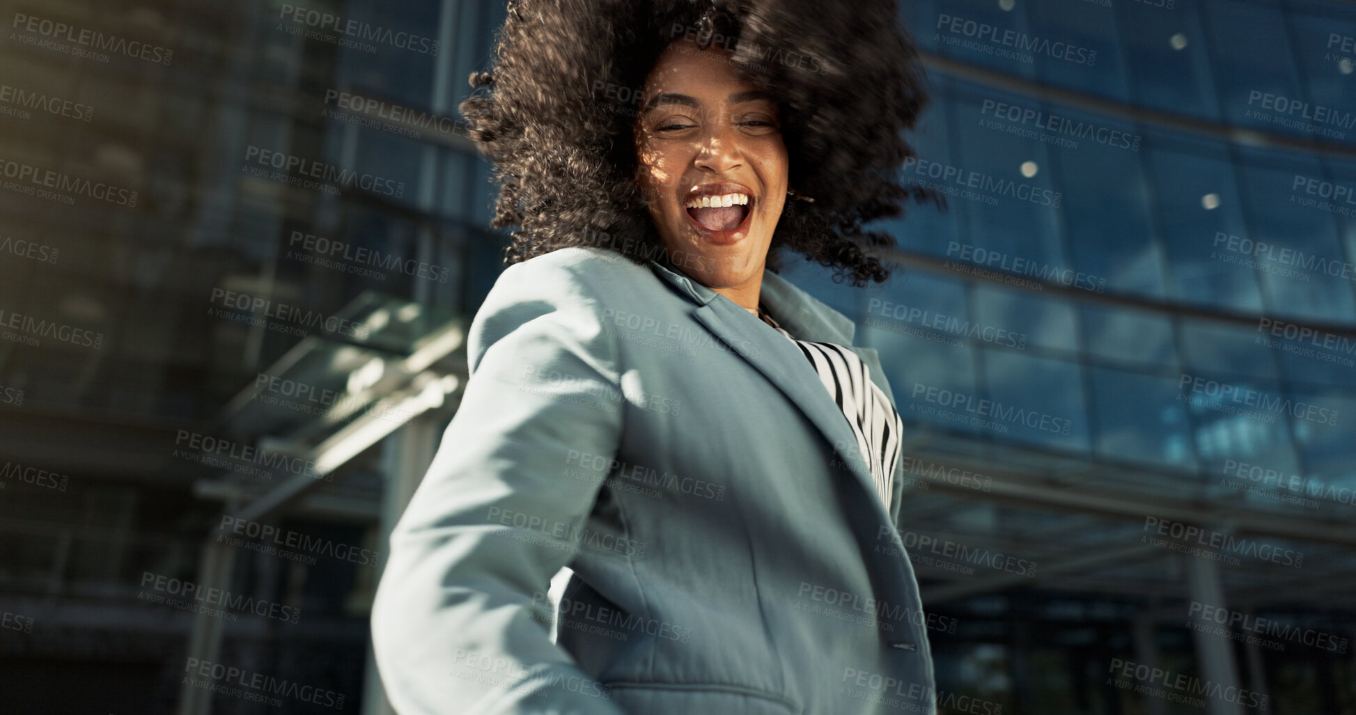 Buy stock photo Happy, dance and business woman in the city with job promotion celebration and positive attitude. Smile, excited and professional young female person moving for good news with career in urban town.