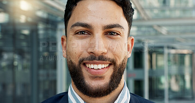 Happy, face and young businessman in the city with positive, good and confident attitude for legal career. Smile, pride and portrait of professional male lawyer or attorney from Mexico in urban town.